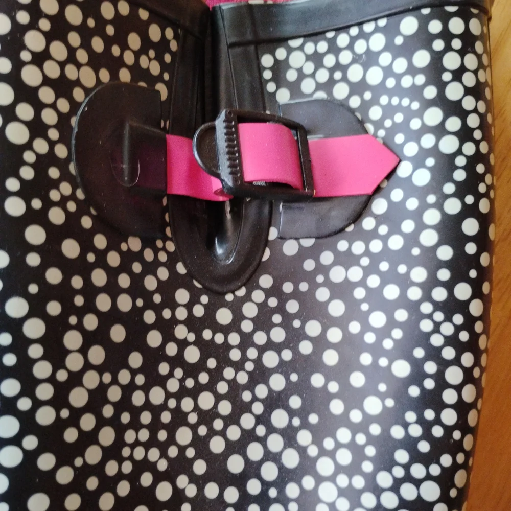 Women's Black Polka Dot Rain Boots with Pink Interior Trim - Picture 4 of 5